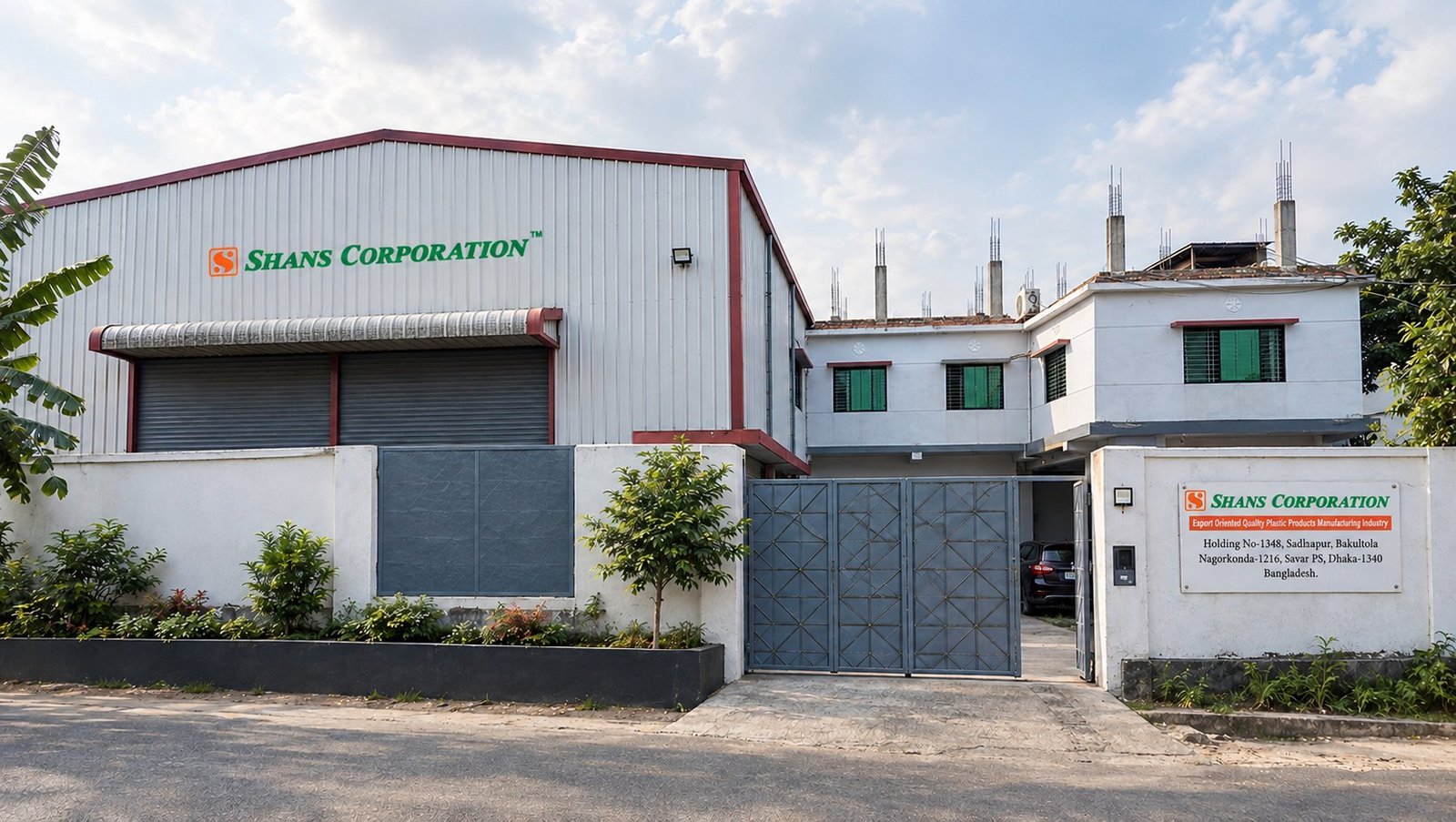 Front entrance of the Shans Corporation factory in Savar, Dhaka