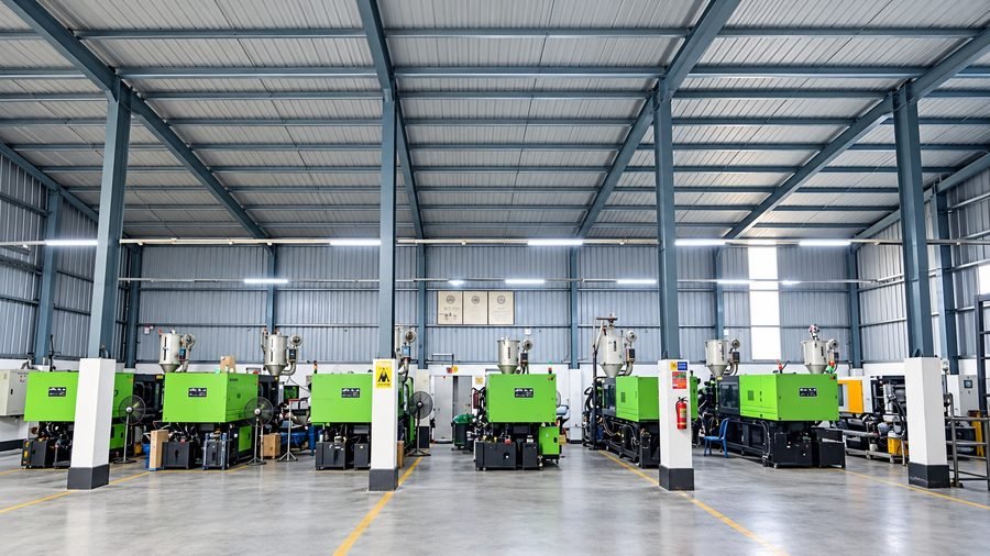 Rows of injection moulding machines in the factory hall
